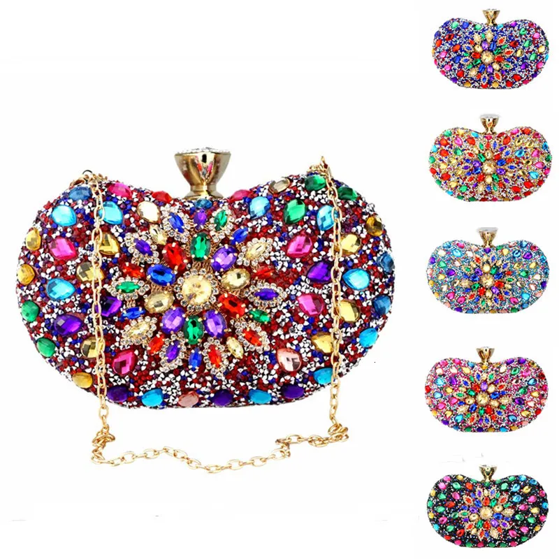 Evening Bags Multi Colors Two Side Luxury Crystal Floral Clutch Chain Bag Evening Woman Diamond Wedding Shoulder Wallet Purse Handbags 230718