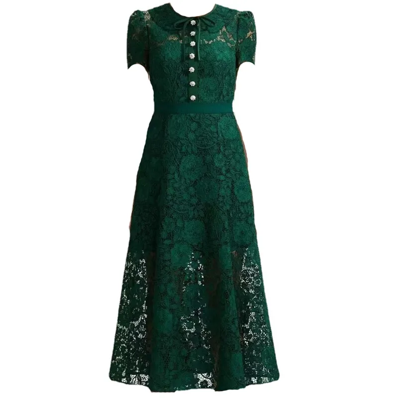 New S-elf Portrait Green Lace Midi Dress Short Sleeve Fit&Flare Dress for Women