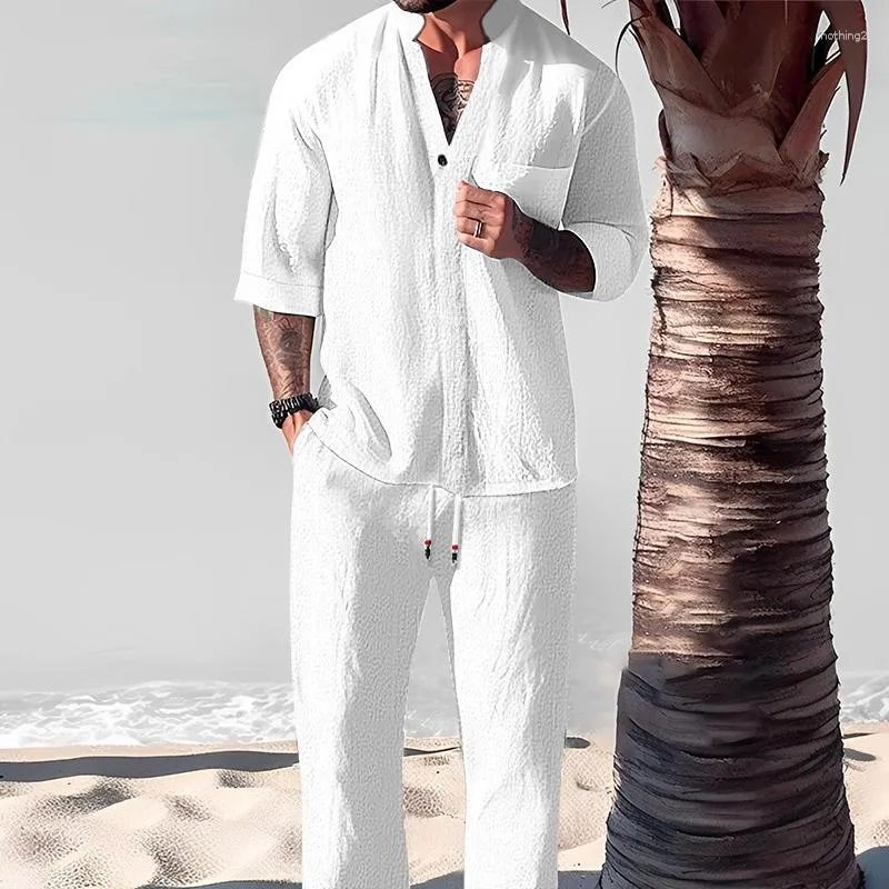 Mens Casual Linen Tracksuit Set Two Piece V Neck Half Sleeve Top