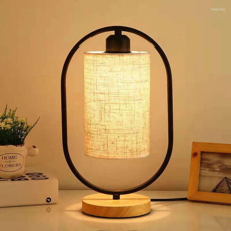 Tischlampen Holzlampe Chinesischen Stil Nachttischlampe LED Stoff Vintage Schreibtischleuchten Für Wohnzimmer Studie Dekorativ