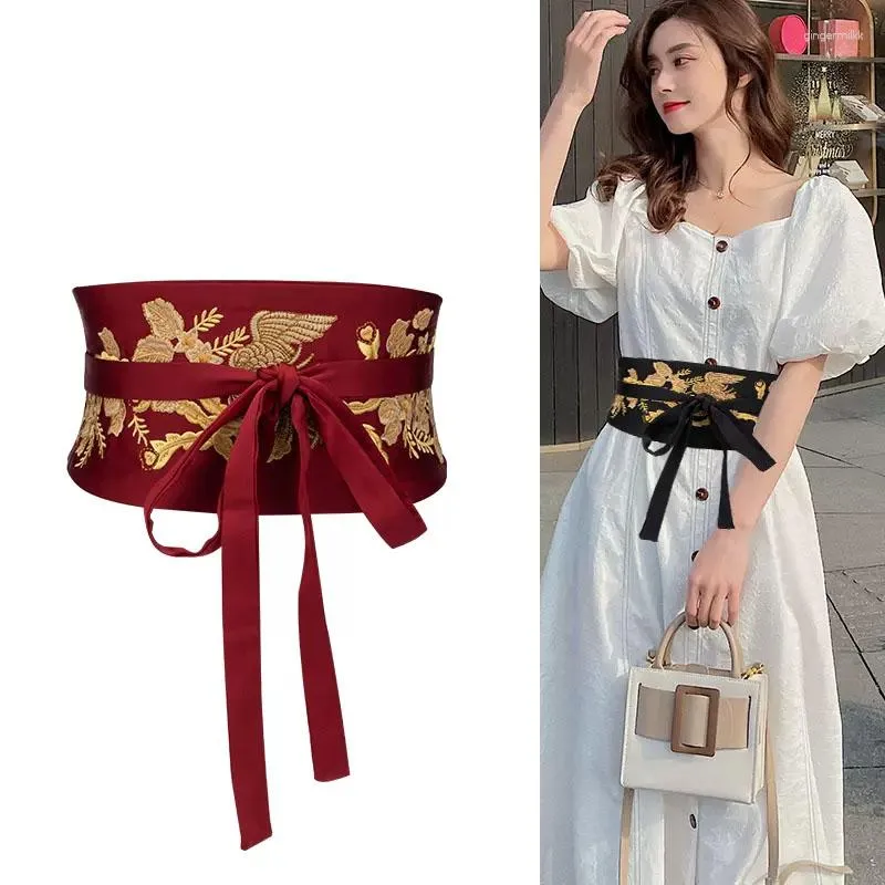 Bälten broderad bred midjebälte för kvinnor självt slips wrap runt retro obi korsett cincher midjeband klänning cinturones para mujer