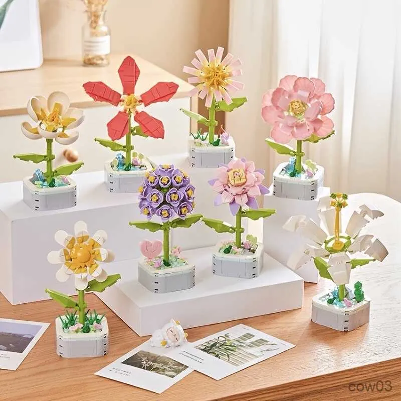 Blocks Children Creative Flower Building Block Toys ABS Immortal Potted Plant Assembling Ornaments Set Birthday Christmas Gifts R230720