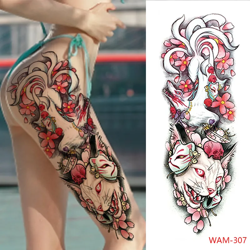 Grand bras manches tatouage Ninetales Sakura renard démon étanche temporaire tatouage autocollants japonais corps Art complet faux Tatoo femmes