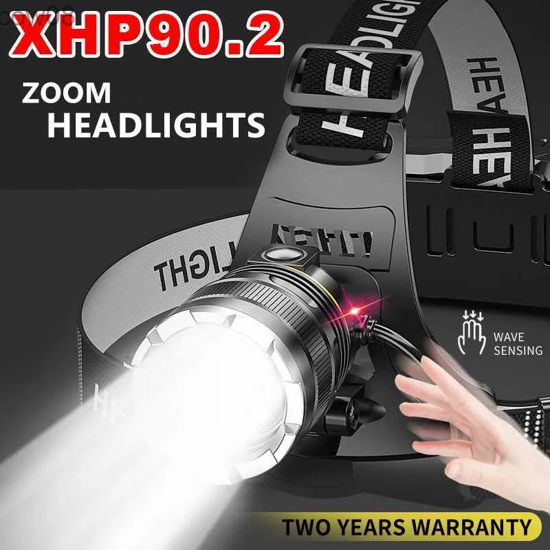 Strålkastare 3000000LM Upgrade Headlamp Sensor XHP90 Fiske -strålkastare år 18650 Batteri ficklampan USB RedgeAB Head Lights Torch Lantern HKD230719