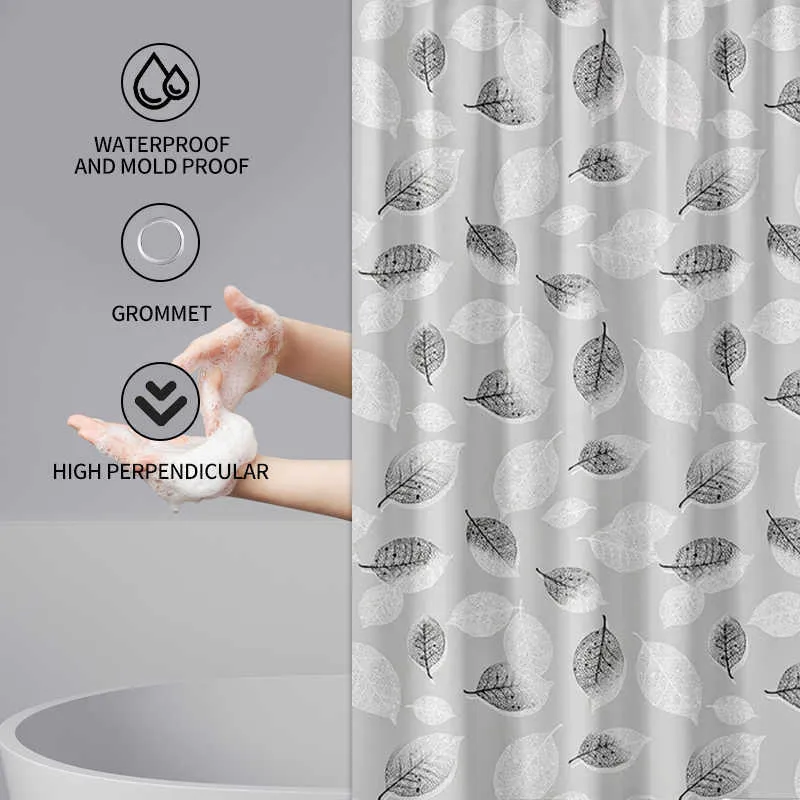 シャワー高品質の防水とアンチミルドのシャワーカーテン黒と白の葉のバスルームカーテンとフック