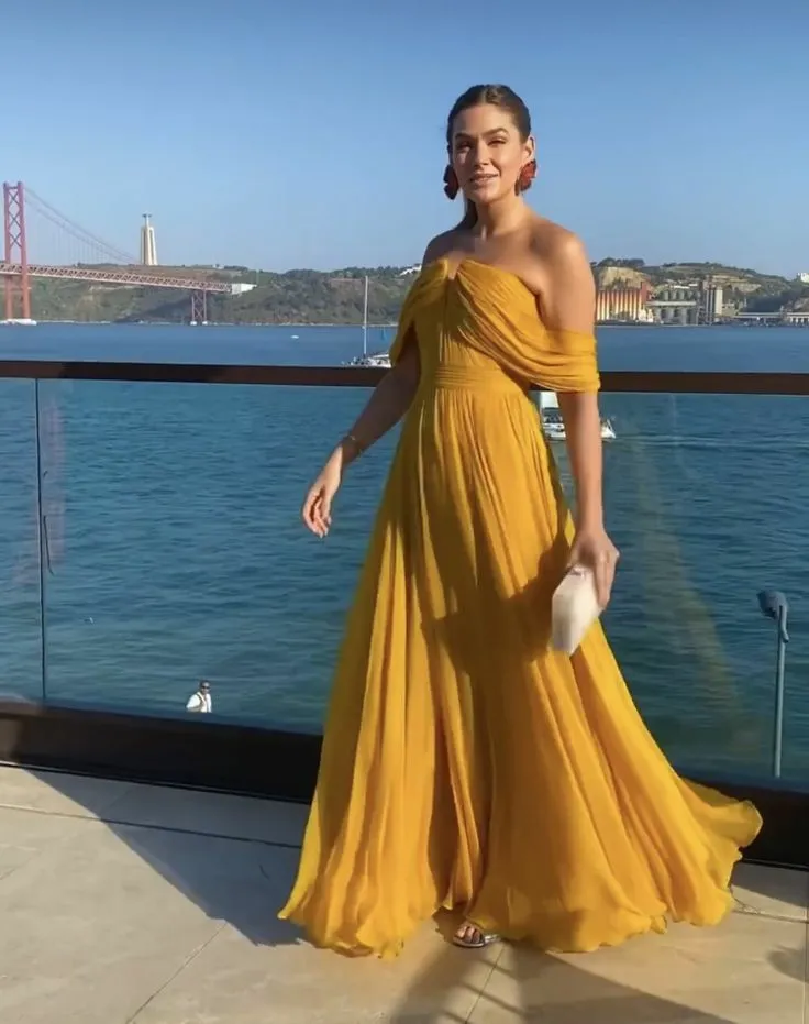 Save Big on Bulk Long Chiffon Prom Dresses Classy Long Off Shoulder Yellow  Evening Dresses A Line Sleeveless Chiffon Pleats Floor Length Zipper Back 