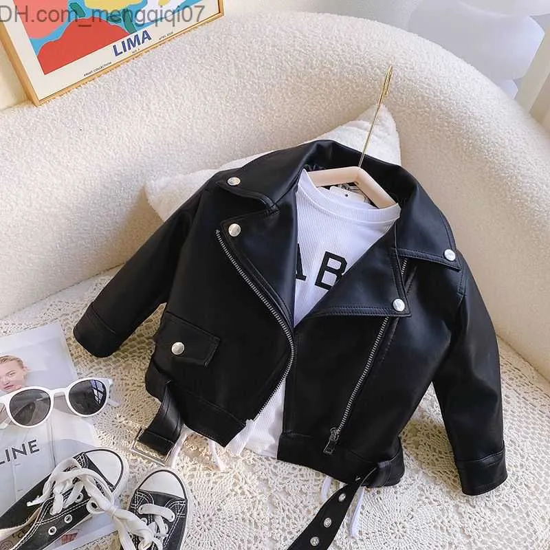 Coat Girls' artificial leather elegant zipper basic jacket boys' jacket solid ultra-thin long sleeved lapel children's short jacket XMP43 Z230720