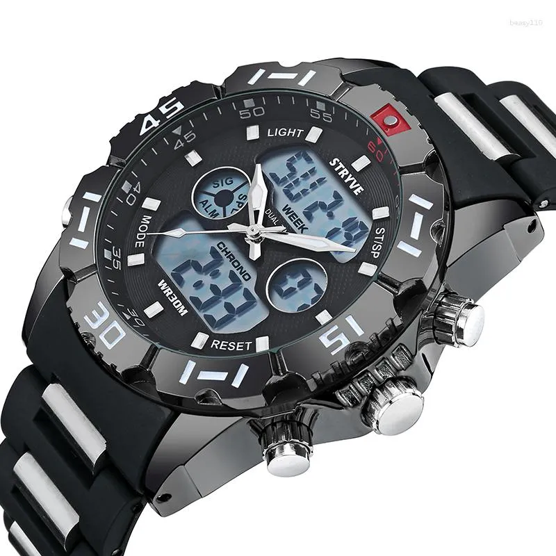 Нарученные часы Stryve Sport Watch Men Men Anity Big Dial Водонепроницаемые светодиодные аналоговые мужские часы Quartz цифровые двойные запястье