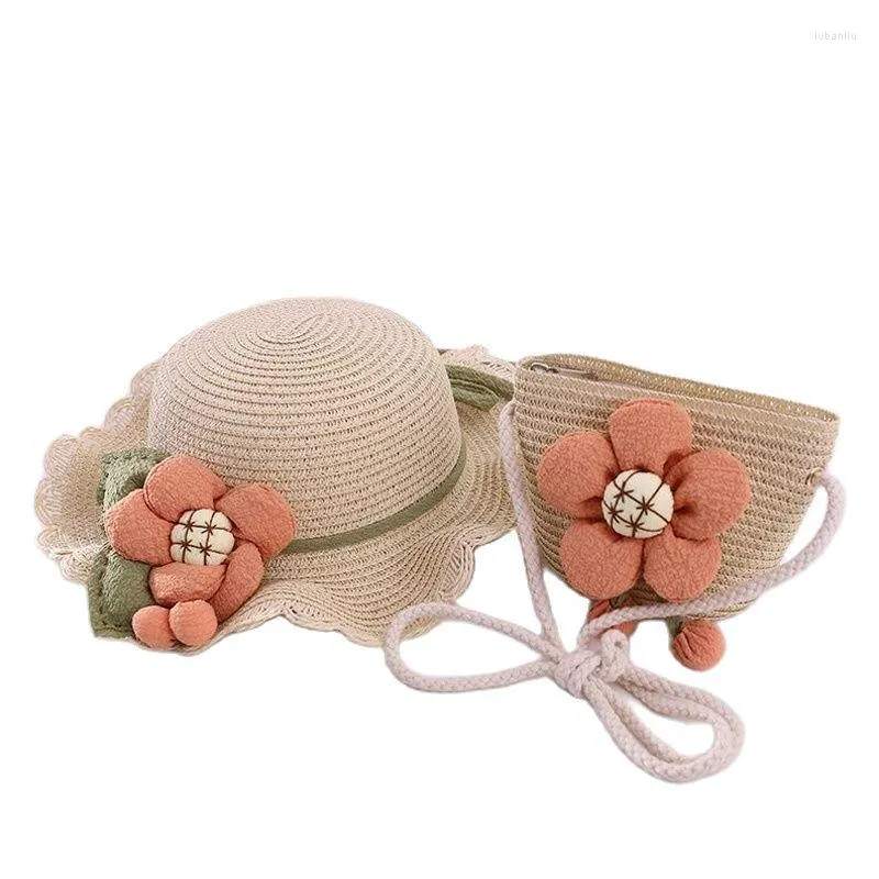 Szerokie brzegowe czapki Xeongkvi Europa Ameryka Big Flower rodzic-dziecko torba słoneczna Set Set Summer Falbala Beach Straw for Girl Women Cap