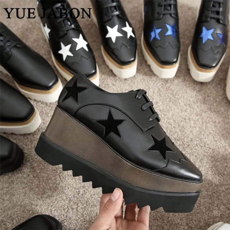 Dress Shoes Black White golden silver five Stars Shoes Women high quality Square Toe lace-up thick Bottom Platform Wedge heel Causal Shoes 230718