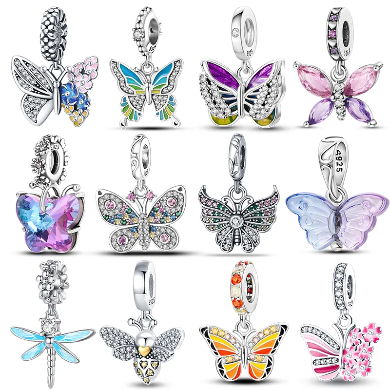 925 Silver Fit Pandora Charm New Colorful Butterfly Dragonfly Bead Dangle Fashion Charms Set Pendant DIY Fine Beads Jewelry