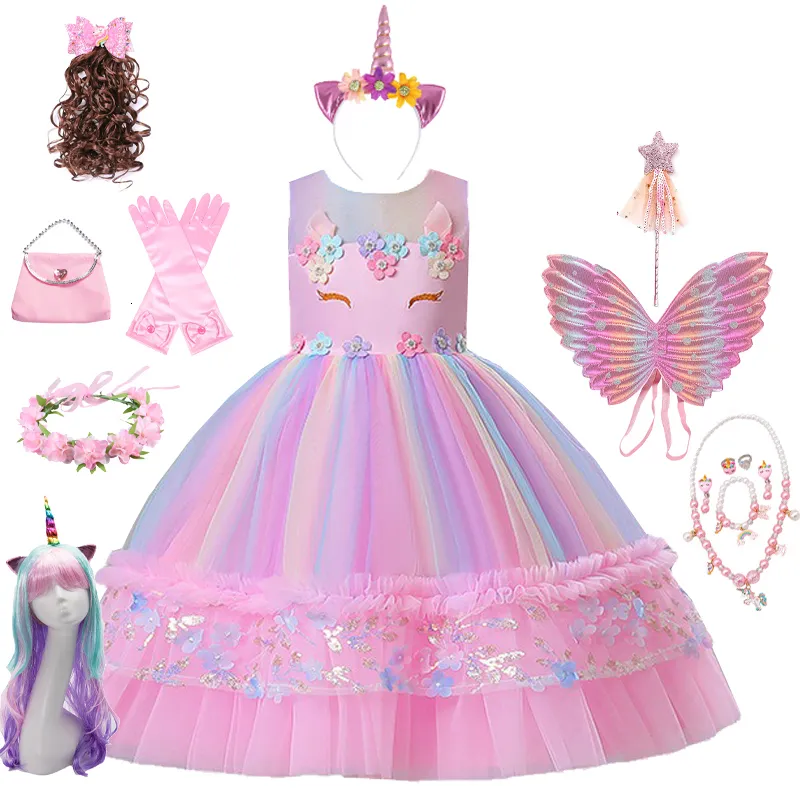 Flickans klänningar Princess Girl Shiny Unicorn Kne Length Dress Children's Christmas Födelsedagsfest Pink Tutu Dress Cartoon Role Spelar Costume 230718