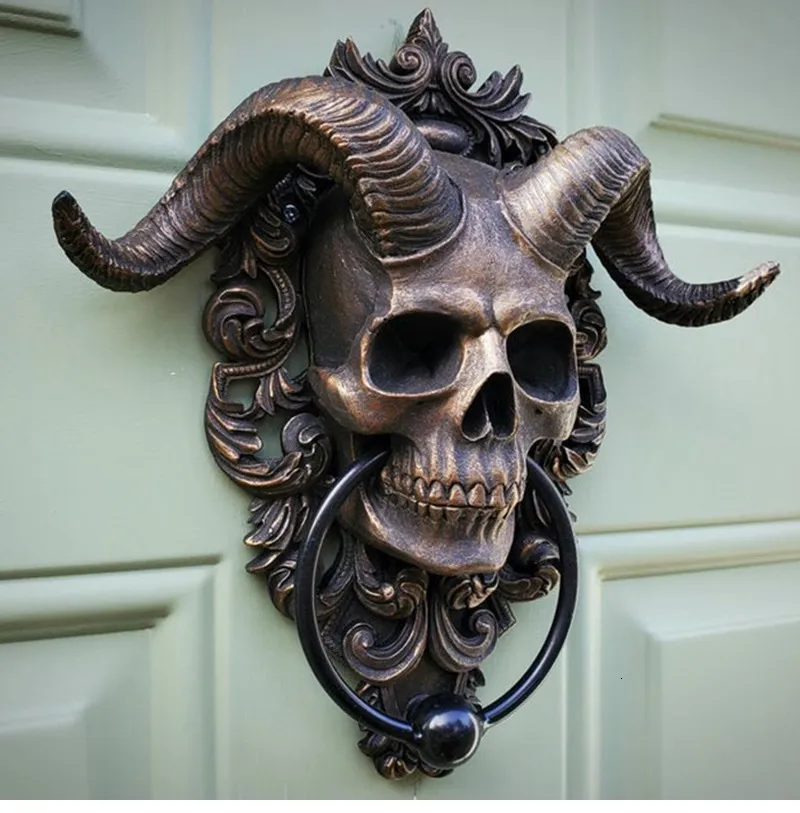 Decorative Objects Figurines Resin Punk Satan Skull Sheep Head Ring Statues Wall Hanging Decoration Home Door knocker Interior Object Accessories 230718