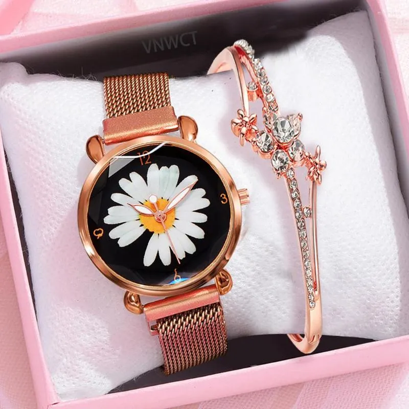 Relojes de pulsera de lujo para mujer, reloj pequeño con margaritas, hebilla magnética, sencillo, para mujer, de acero inoxidable, de cuarzo, femenino