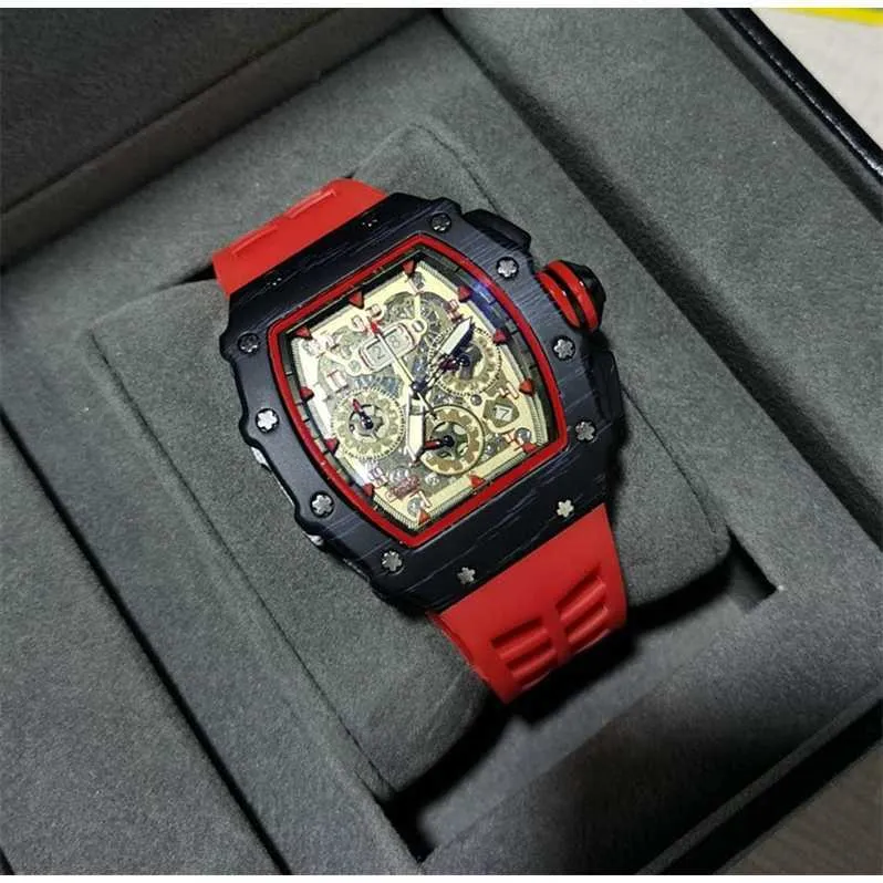 Mechanische Damenuhr RicHa3A 6-polige Herren-Armbanduhr, hochwertige Diamant-Quarzuhr, hohler Glasboden, Edelstahlgehäuse, schwarzes Gummi
