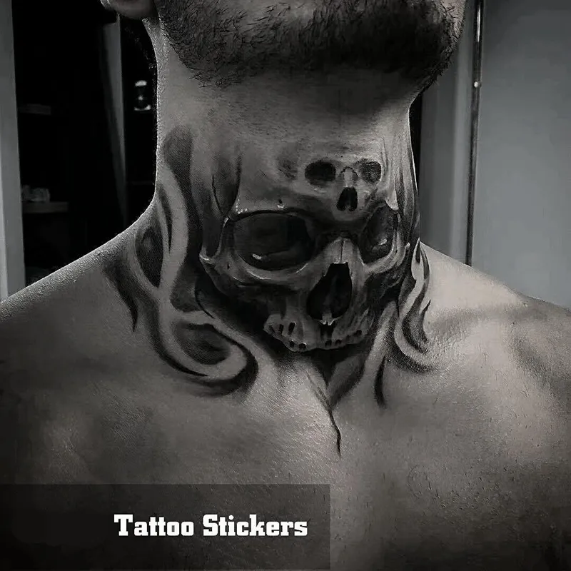 Neue Schädel-Nacken-Tätowierung Ephemere Mann Europäische und amerikanische dunkle Tattoo-Aufkleber Persönlichkeit Coole Schädel-wasserdichte gefälschte Tätowierung-Kunst