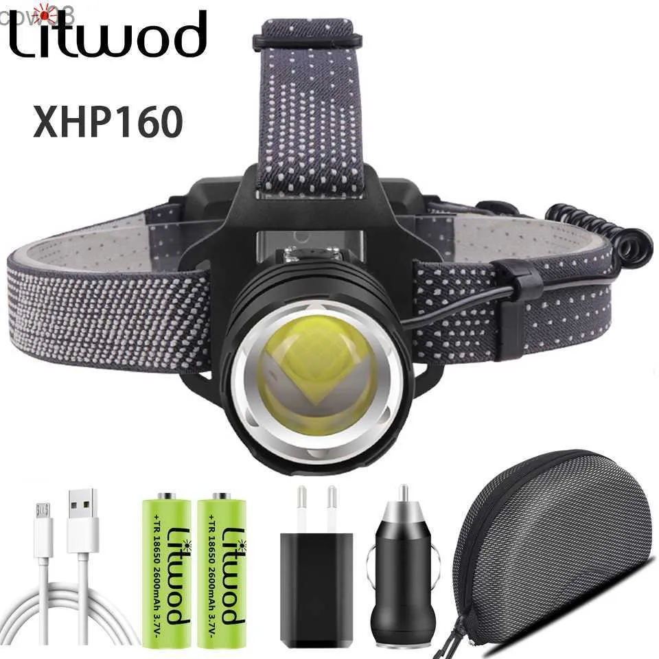 Headlamps 500000 Lumens XHP160 d Powerful Headlamp Zoomab Head Flashlight Lamp Torch 18650 Battery Waterproof for Camping Headlight HKD230719