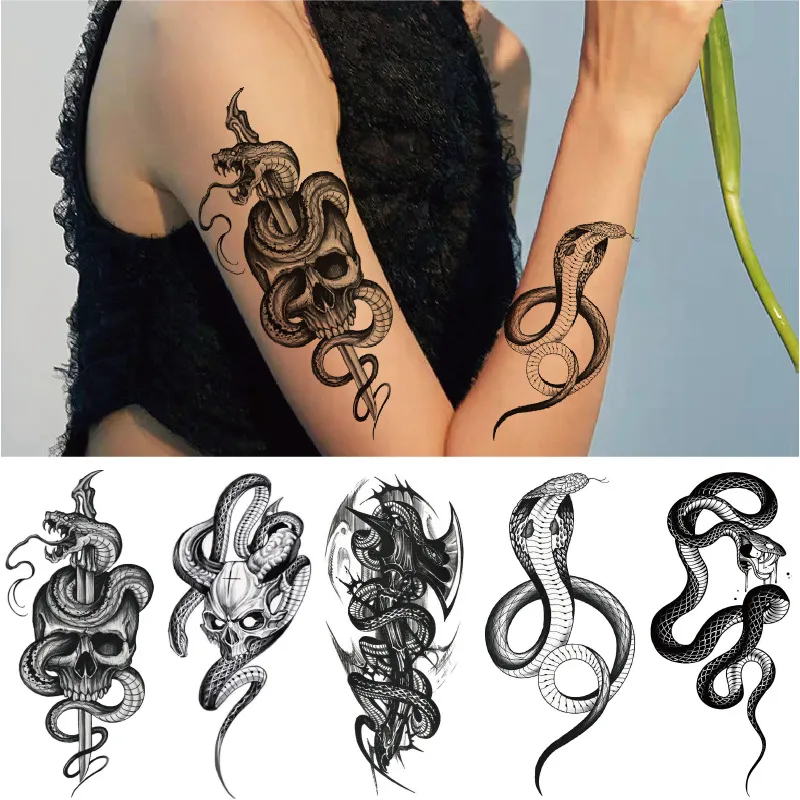 Black Snake Fake Tattoo Waterproof Temporary Tattoo Stickers Skull Art Waist Body Arm Semi-permanent Tattoos Water Transfer Make