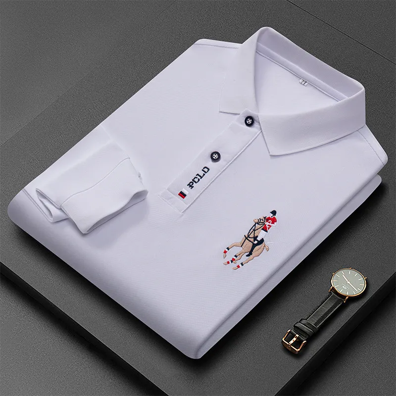Herenpolo's Poloshirt 100% puur katoen geborduurd herenpolo met lange mouwen Effen kleur revers Business casual 230718