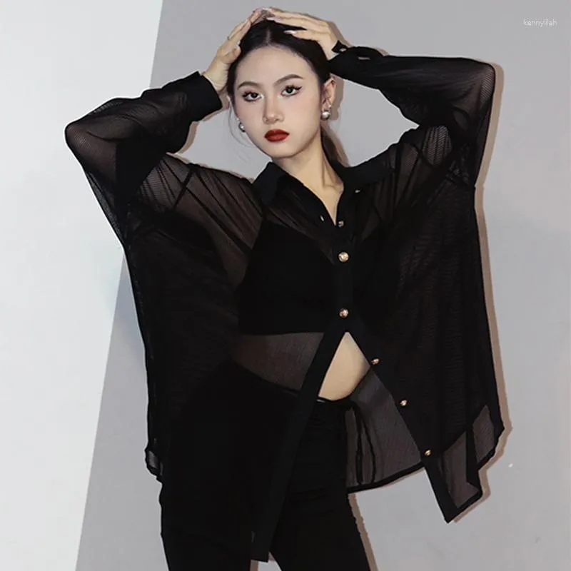 Stage Wear Loose Latin Dance Tops Women Black Mesh Long Sleeves Cardigan Adult Practice Clothes Rumba Sexy Shirt DNV18014