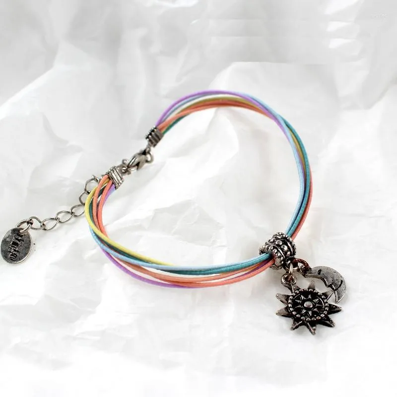 Charm Armbänder EST Vintage Antik Silber Farbe Mond Sonne Armband Multilayer Bunte elastische Seile Geschenk für Frauen