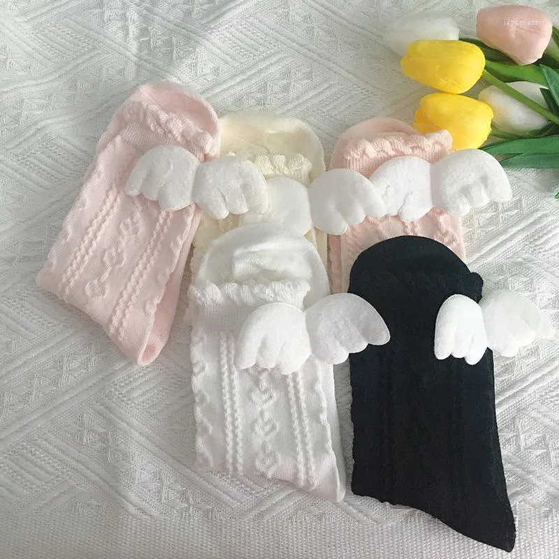 Vrouwen Sokken Leuke Mode 3D Angel Wing Voor Meisjes Zoete Kawaii Zachte Katoen Prinses Effen Kleur Midden Buis Lolita