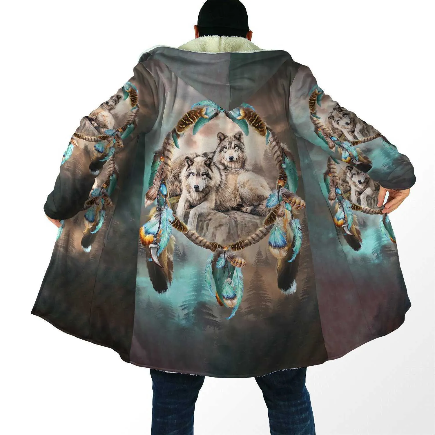 Hommes laine mélanges 2021 hiver hommes manteau belle Tribal Native Wolf 3D impression complète épais polaire à capuche manteau unisexe décontracté chaud Cape manteau DP16 HKD230718