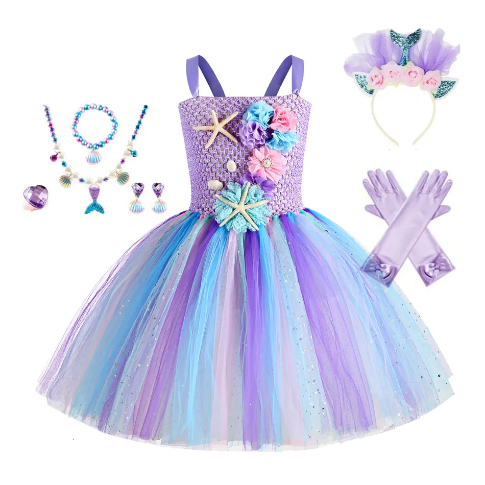 Sukienki dla dziewczyn dziewcząt syrena tutu podwodna sukienka motyw urodzinowy Karnawałowa sukienka z głową kwiatową i oceaniczną sukienkę kwiatową 1-12Y 230718