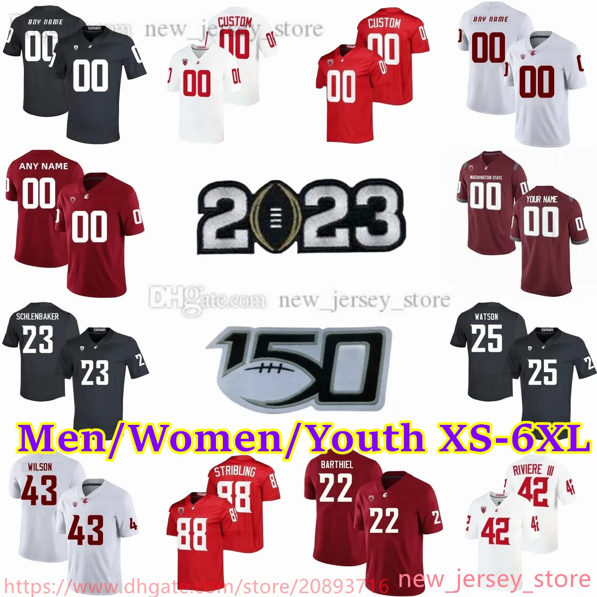 Maillot de football personnalisé XS-6XL NCAA Washington State WSU Cougars 23 Djouvensky Schlenbaker 22 Gavin Barthiel 43 Ben Wilson 17 JP Zamora 25 Nakia Watson 11 Drew Bledsoe