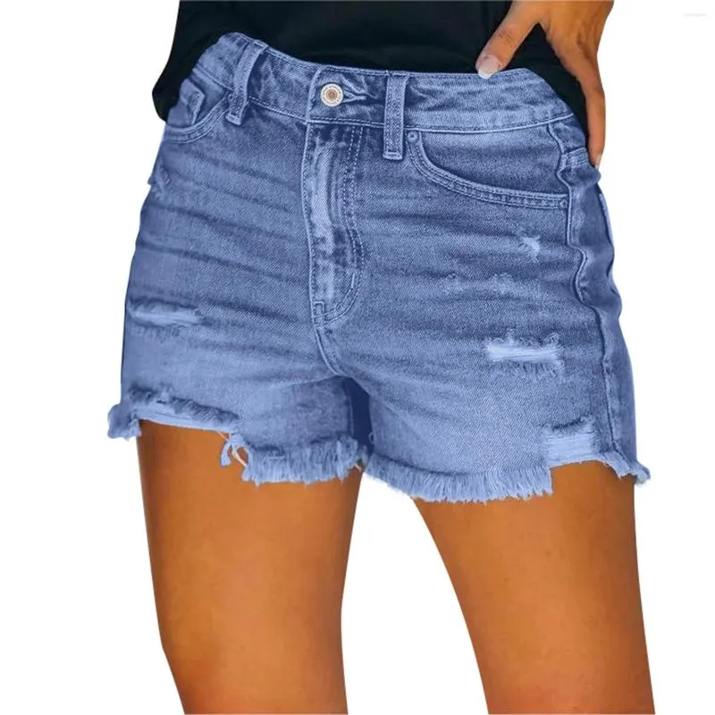 Kvinnors jeans denim shorts mitt midjan tofs frayed nödställd bekväma stretchy jean korta baggy byxor