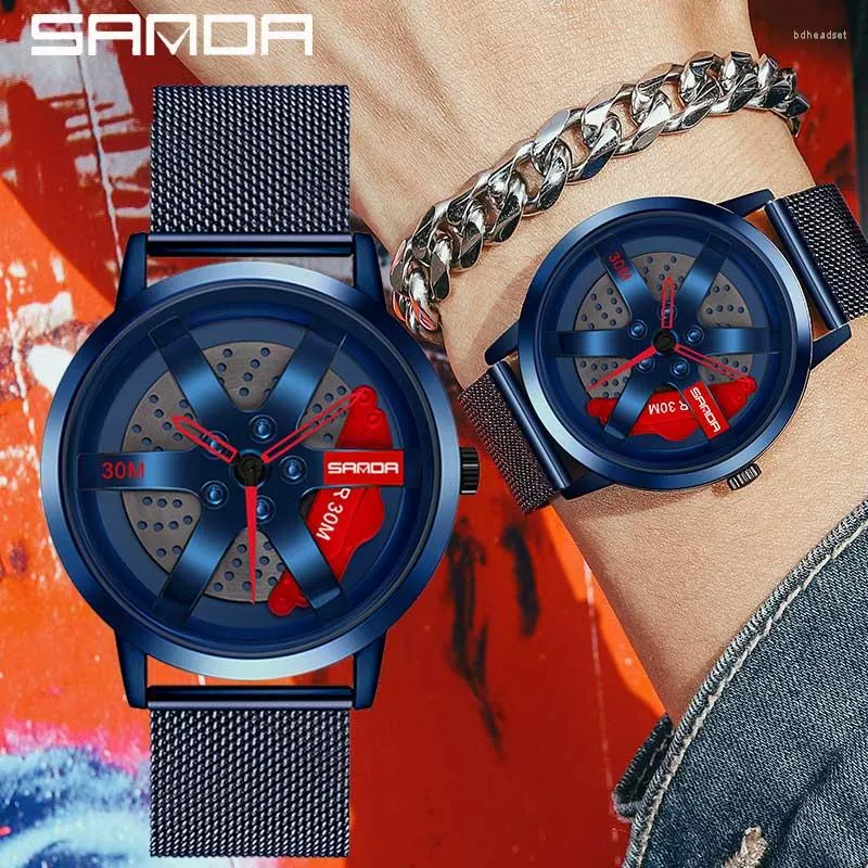 Orologi da polso Uomo Fashion Sell Car Rim Orologio da polso Quadrante ruota 3D Orologi Cintura in maglia d'acciaio Impermeabile Sport Quartz Relogio