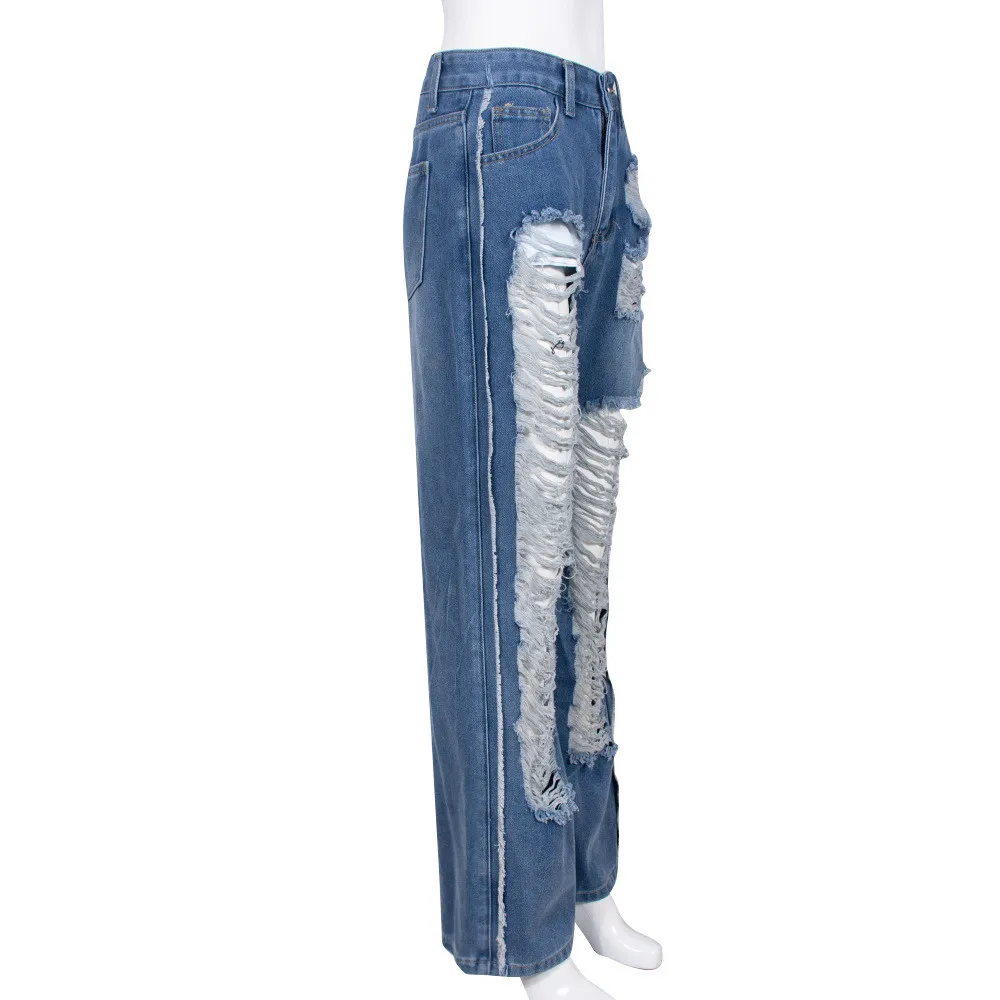 2023 Designer Ripped Jeans Women High Waist Straight Denim Pants Casual Distressed Holes Trousers Fashion Blue Pants Streetwear Bulk Wholesale Clothes 10030