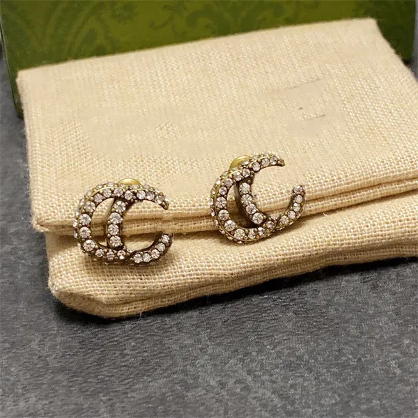 Luxury Stud Double Letter G Designer Brand ggity Earrings Vintage brass Crystal Stone Earring Women's Party Jewelry Gift Box 7745