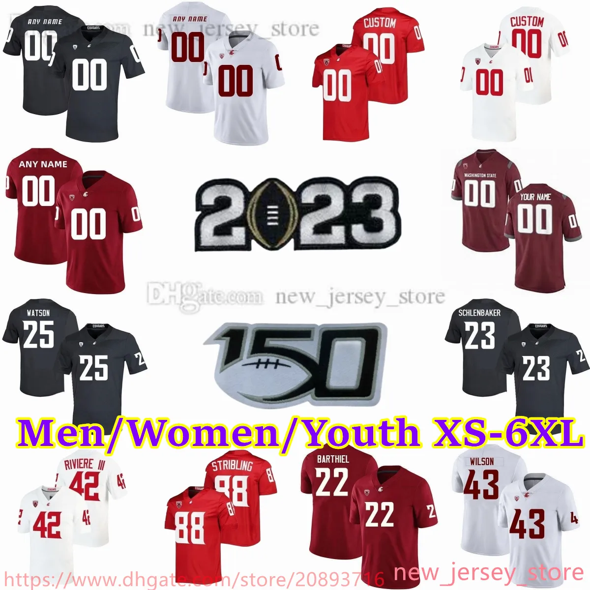 2023-24 Custom XS-6XL NCAA Washington State WSU Cougars Football Jersey Schlenbaker Barthiel Wilson Zamora Watson Bledsoe Stribling Watson Henley Men Women Youth