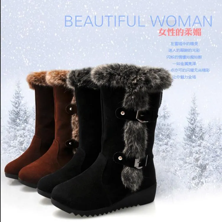 Laarzen Winter Dames Casual Warm Bont Mid-Kalf Schoenen Slip-On Ronde Neus Wiggen Sneeuw Muje Plus Maat 42