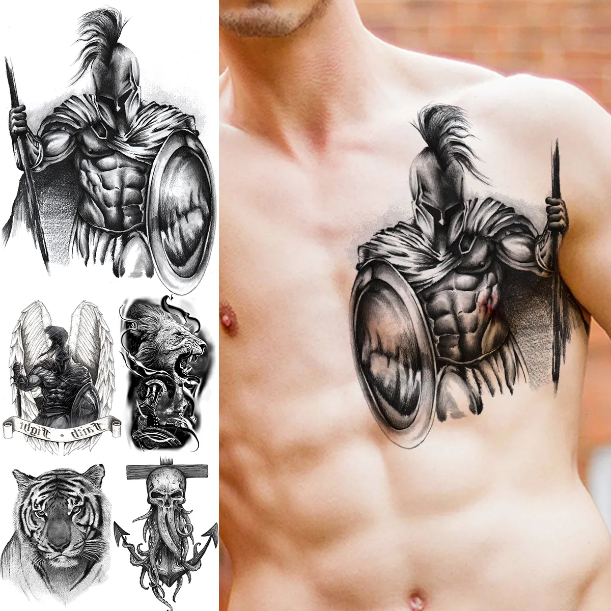 Realistic 3D Black Warrior Shield Grim Reaper Temporary Tattoo For Men  Anchor Lion Tiger Wings Design Large Size Perfect For Chest Tattoos From  Soapsane, $8.13