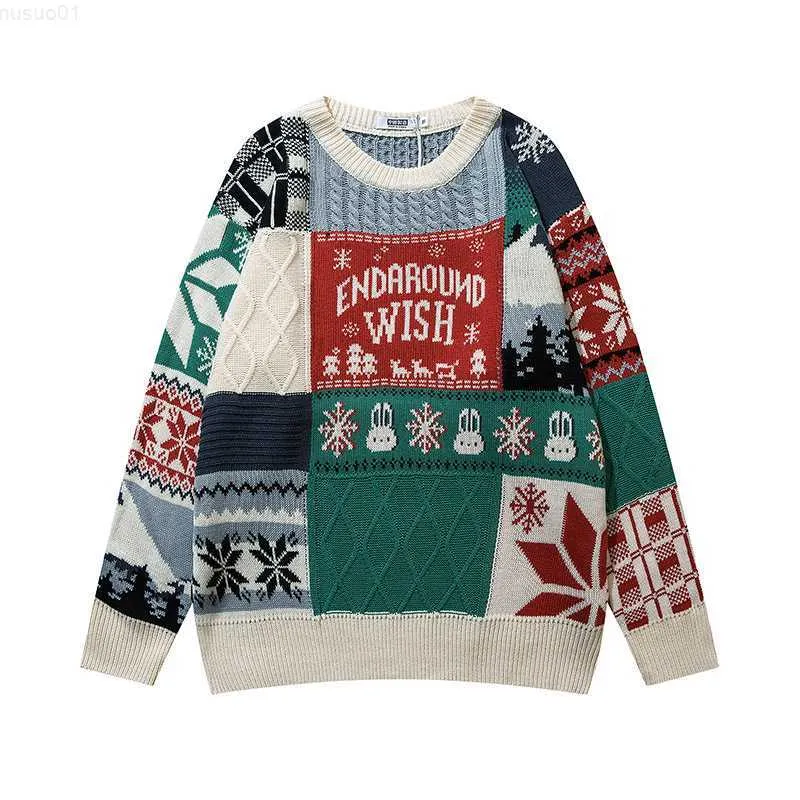 Pulls pour hommes Chandail de Noël moche Mignon Harajuku Lapin Tops Hommes Couple High Street Chandail à tricoter Neige Imprimé Pull New Vintage Retro L230719