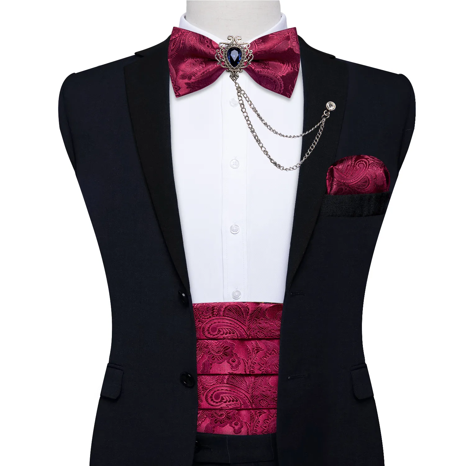 Cinture Fascia da smoking da uomo Seta Paisley Rosso Tuxedo Papillon Taschino Spilla Set Uomo Cintura da festa nuziale DiBanGu 230718