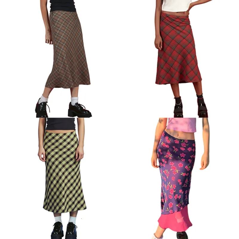 Jupes Femme Plaid Imprimé Taille Haute Midi Jupe A-ligne Moulante Longue Jupe Crayon Y2K Streetwear E-Girl 90S Mode 230719