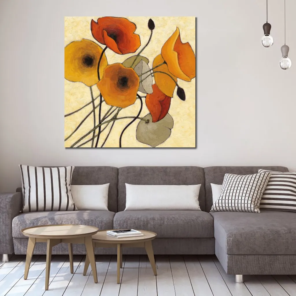 Flowers Canvas Art Pumpkin Poppies Ii Handcrafted Abstract Painting Modern Decor for Office