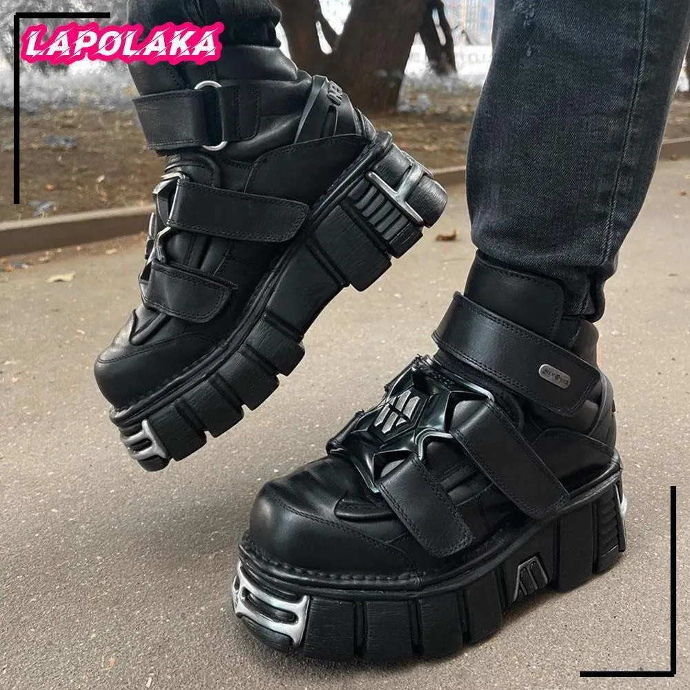 Rock Women Brand Dress Spring Dress Gothic Street Chunky Heels Plataforma Sapatos de motocicleta para mulher tênis punk de metal feminino 230718