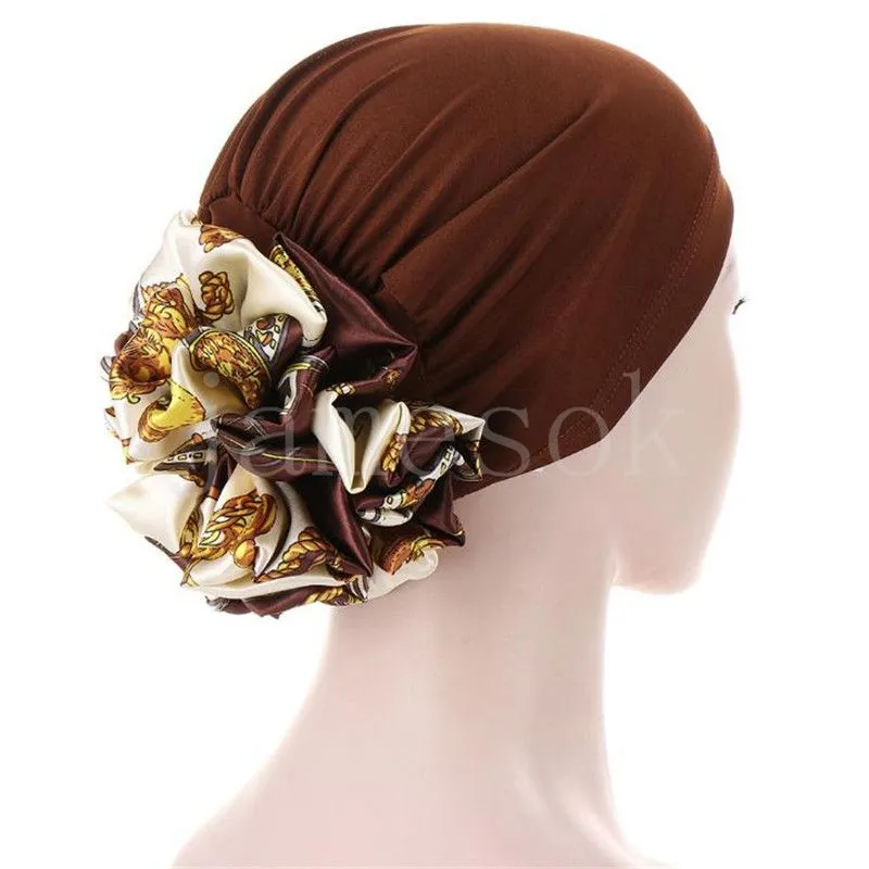 Big Flower Turban Bonnet för kvinnor Muslim under Hijab Caps Solid Color Islamic Inner Hijabs Headwrap Chemo Cap DE611