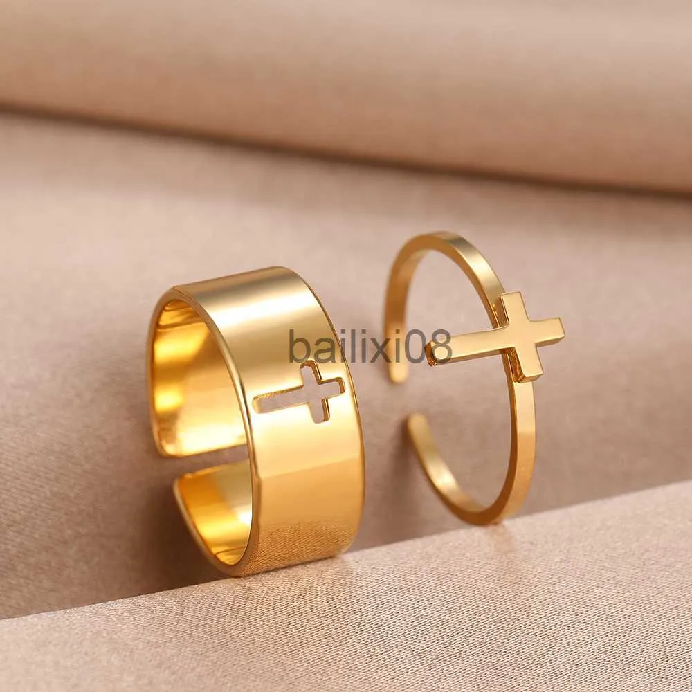 Band Rings Stainless Steel Rings Gothic Hip Hop Cross Fashion Adjustable Couple Ring For Women Jewelry Wedding Punk Matching Gifts 2Pcs/set J230719