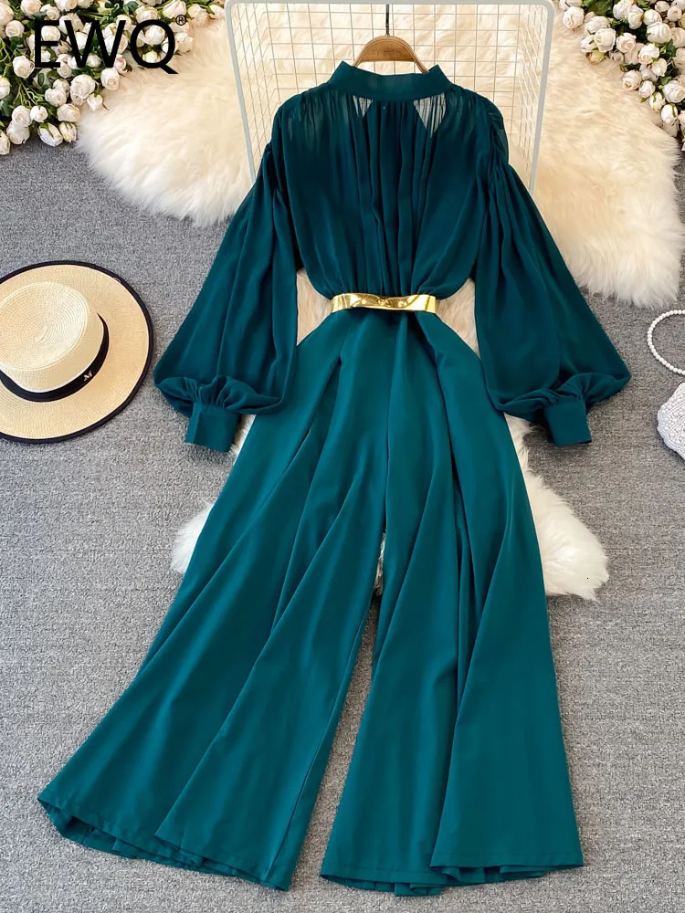 Damen Jumpsuits Strampler EWQ Süßer Stil Damen Jumpsuits Plissee Stehkragen Laternenärmel Einfarbig Overall mit weitem Bein Frühling Sommer SN0533 230719