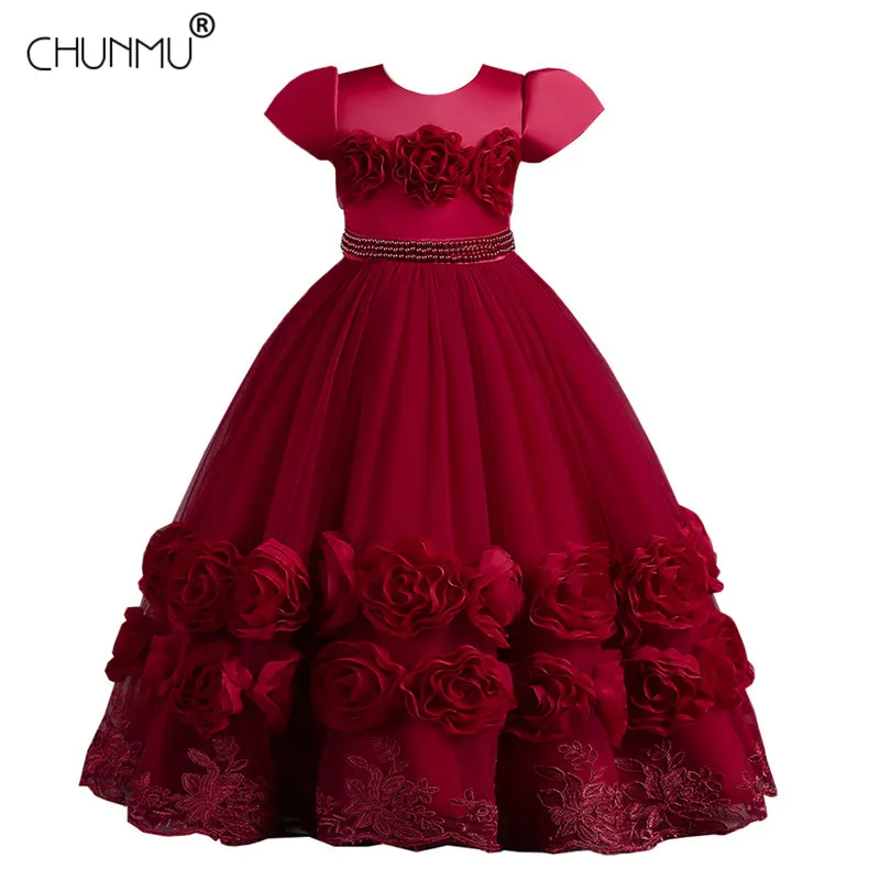 Floral Embroidery Elegant Kids Wedding Dresses Lace Mesh Children's Long Formal Princess Dress For Girls Evening Dresses