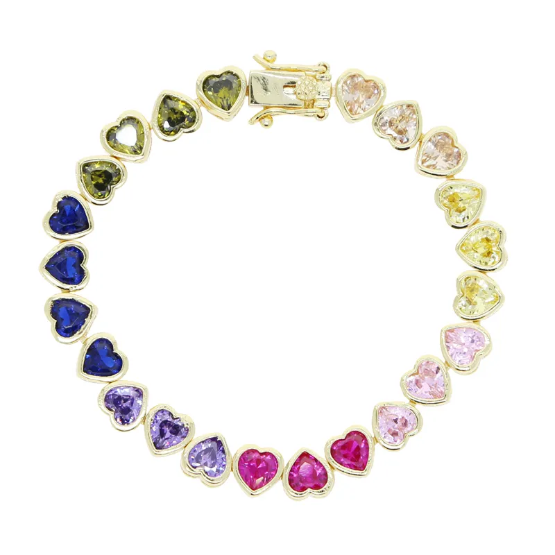 rainbow colorful mini love hearts zircon Bracelet Women Men hip hop Iced Out Bling Cubic Zirconia Couple Jewelry Gift