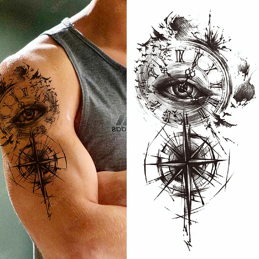 1pc Men Waterproof Temporary Tattoos Stickers Arm Sleeves Cool Big Hipster Black Cross Eye Clock