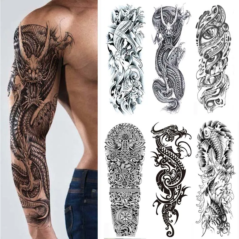 Men Temporary Tattoos Large Arm Sleeve Tattoo Sticker Dragon Tiger Fish Full Skull Totem Wolf Waterproof Fake Tattoo for Women