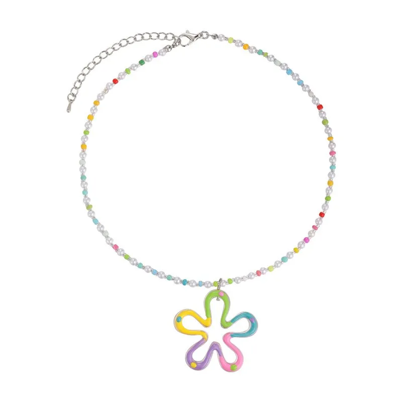 Perles de verre colorées fleur pendentif collier pour femmes filles bonbon sucré couleur à la main perlé géométrique clavicule collier cadeaux