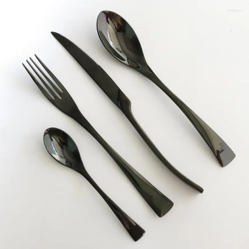 Flatware Sets 4-Piece 18/10 Stainless Steel Set Black Dinnerware Steak Knife Fork Spoon Teaspoon Cutlery Tableware Drop